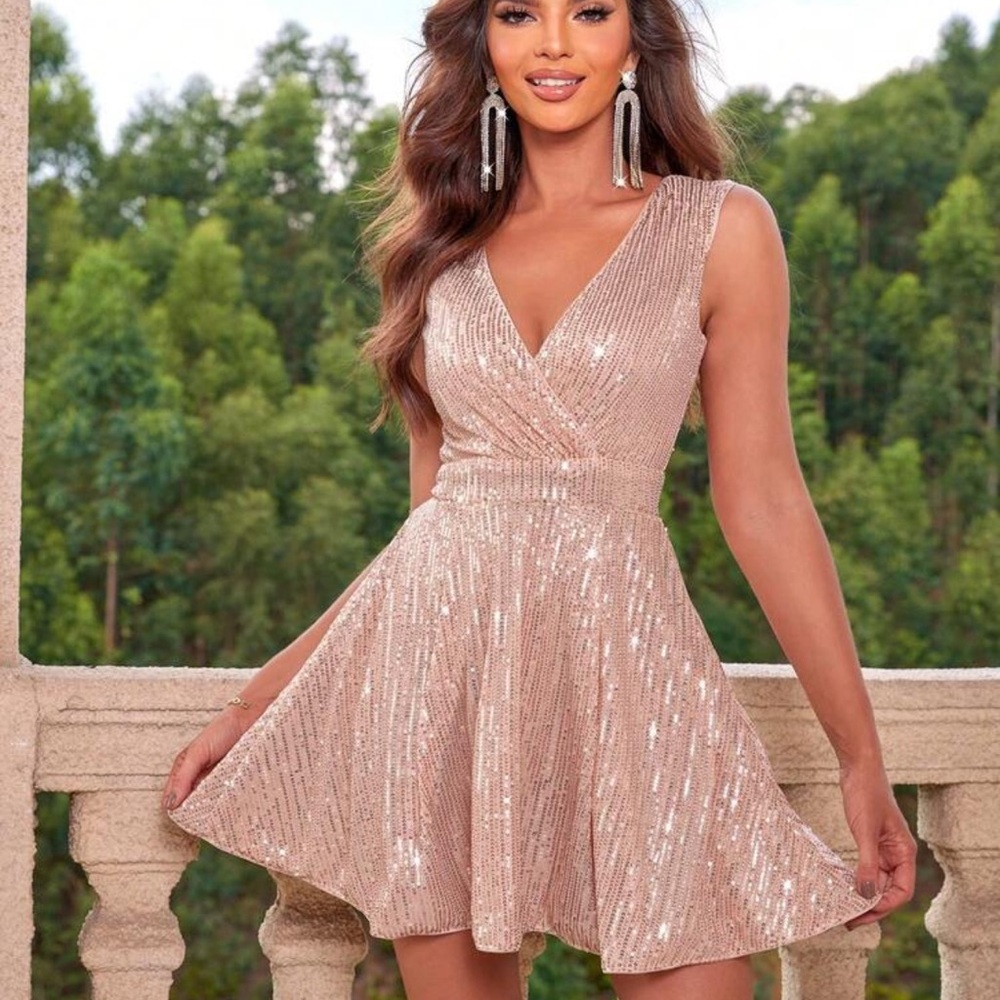 SHEIN Rose Gold Sequin Wrap V-Neck Mini Dress